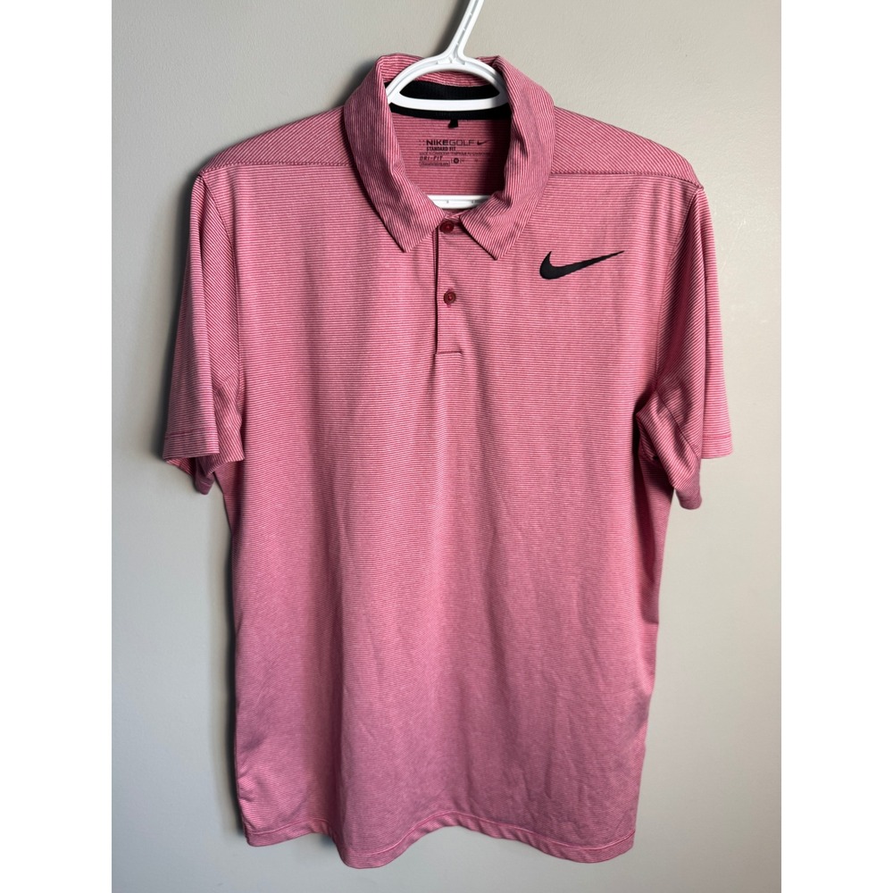 Nike Mens Red Striped Dri-FIT Golf Polo M Active Sport Performance Classic